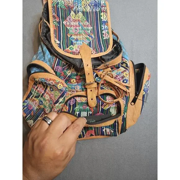 Large backpack Handmade Guatemalan Aztec Southwestern Bag Multiple Pockets - Picture 4 of 12